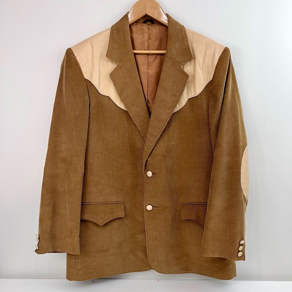 Vintage 1970s Corduroy Western Jacket 46 Pioneer Wear Sport Coat Leather Patches